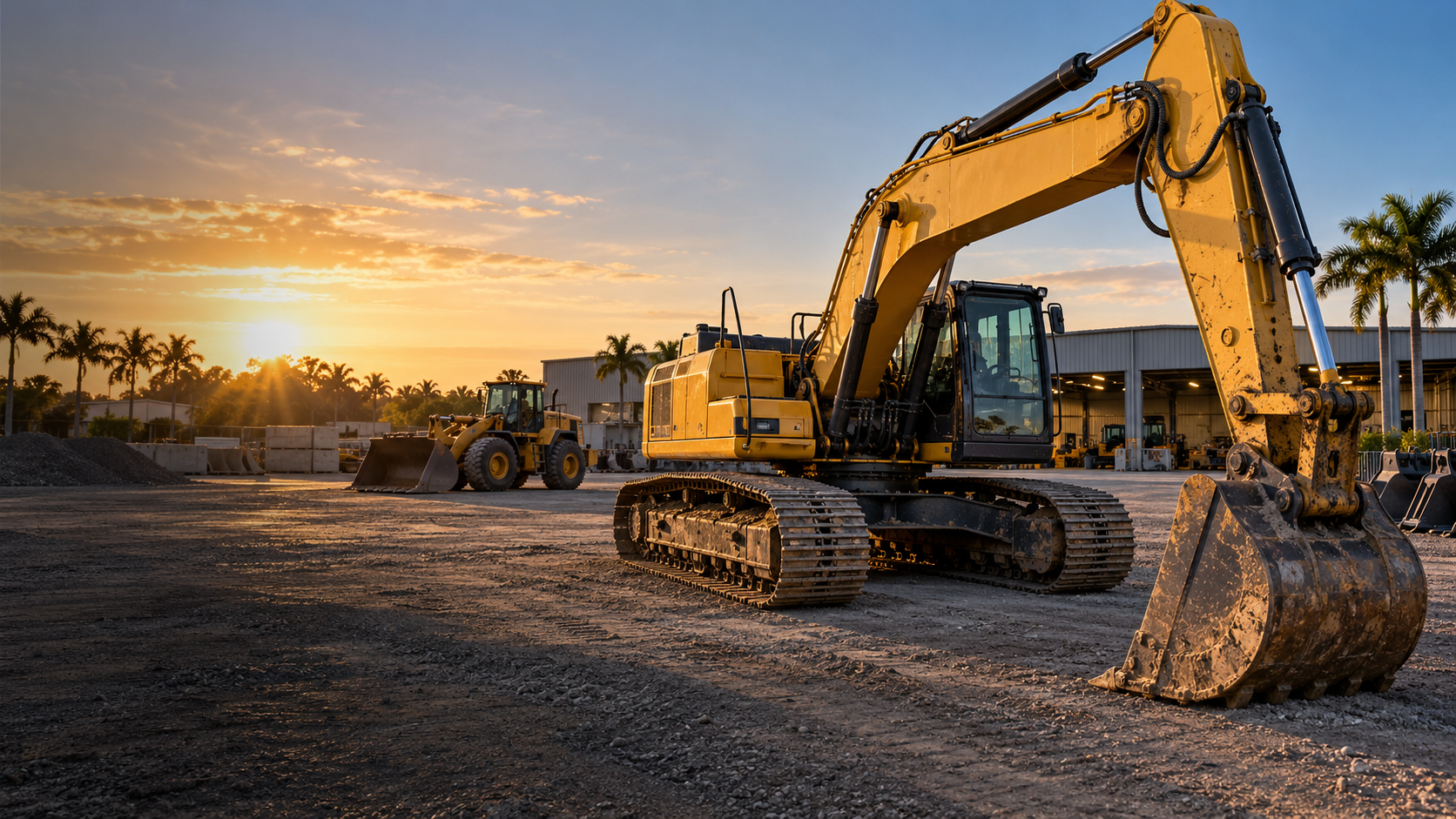 Illustrative excavator and wheel loader in a Florida contractor equipment yard at sunrise